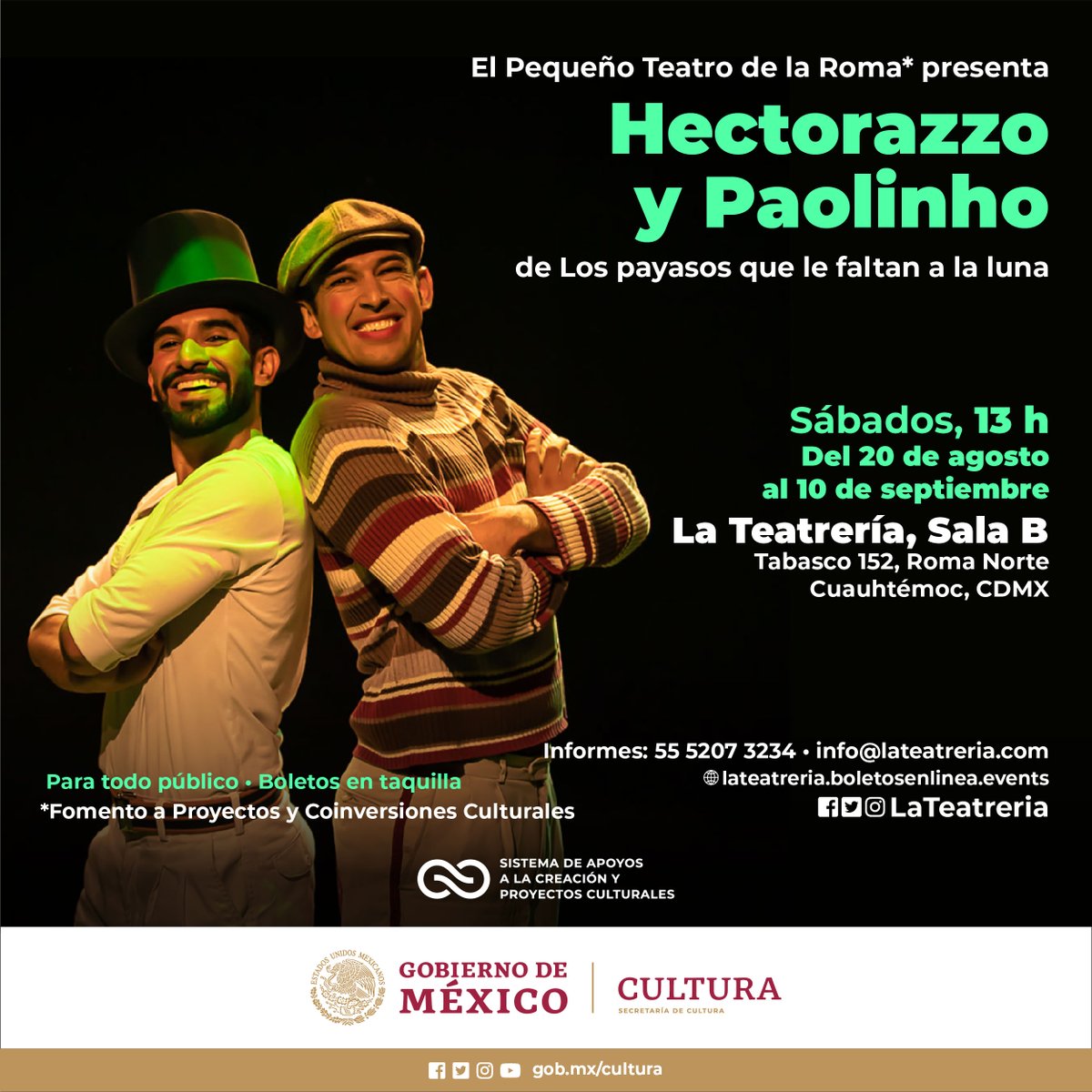 🎭El Pequeño Teatro de la Roma (FPCC) presenta “Hectorazzo y Paolinho”, espectáculo de dos amigos unidos por el arte del canto y el fútbol que nos enseñan que la amistad es pura magia.

📅Sábados, 13 h
📍@LaTeatreria
🎟Boletos: bit.ly/HectorazzoyPao…

@cultura_mx