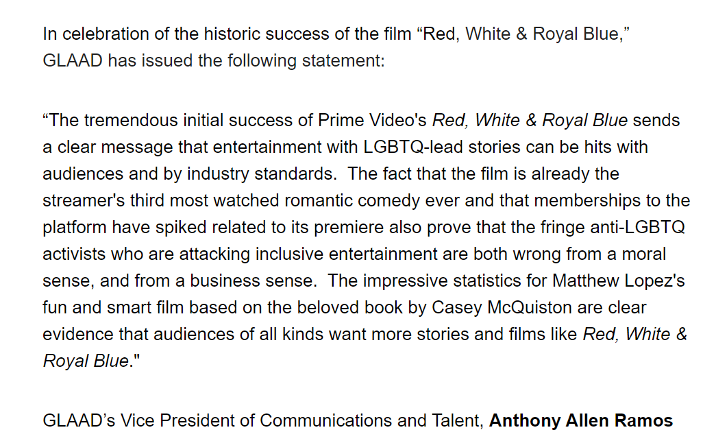 bexlewis361's tweet photo. In celebration of the historic success of the film #RWRBMovie @GLAAD has issued the following statement @RWRBNews @RWRBonPrime https://t.co/BmFYn9ynd0