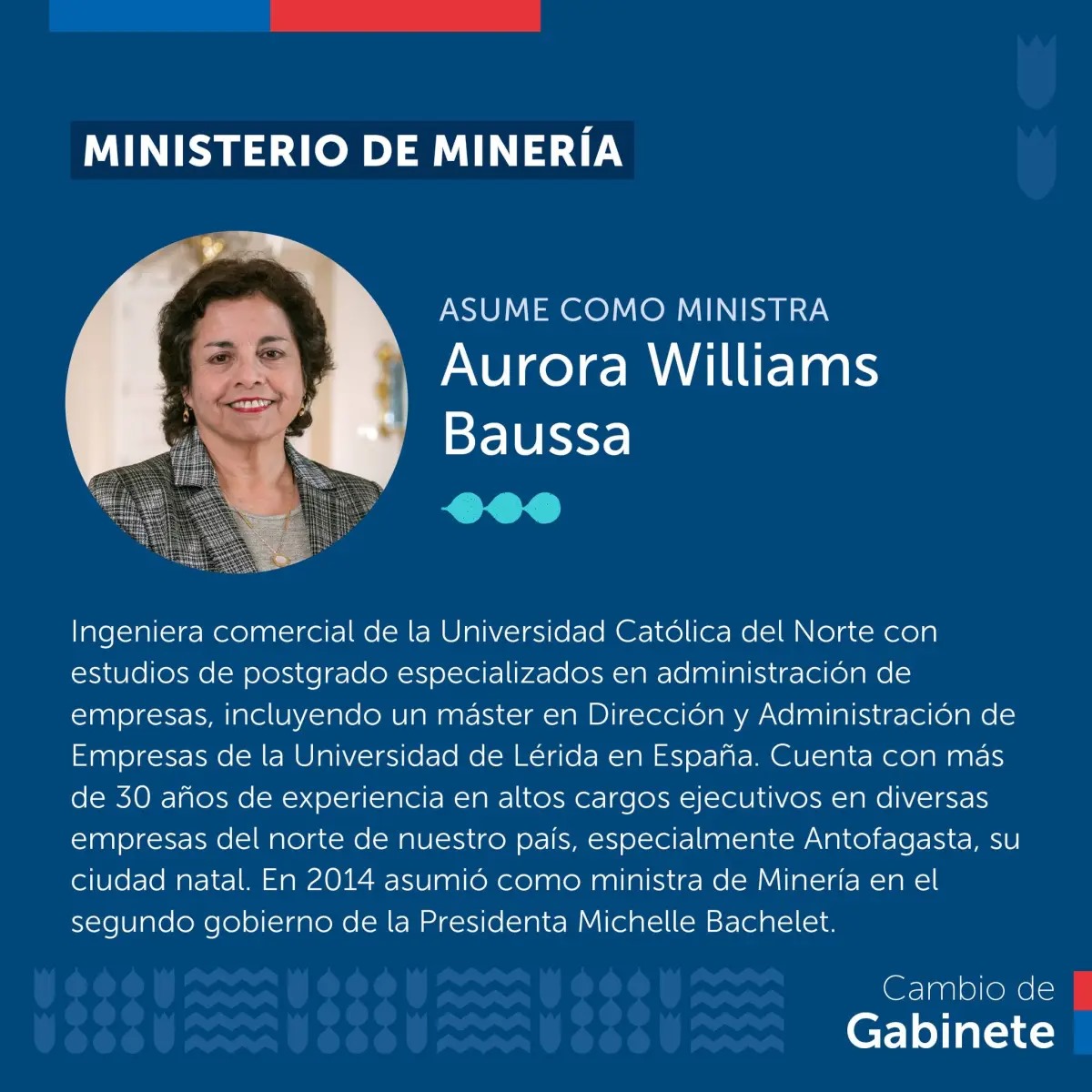 Felicitamos a nuestra ex alumna de la carrera de Ingeniería comercial de la <a href="/UCNorte/">Universidad Católica del Norte</a>  y académica del Instituto de Economía Aplicada Regional (IDEAR-UCN), Aurora Williams Baussa, por su nombramiento como ministra en la cartera de minería 👏