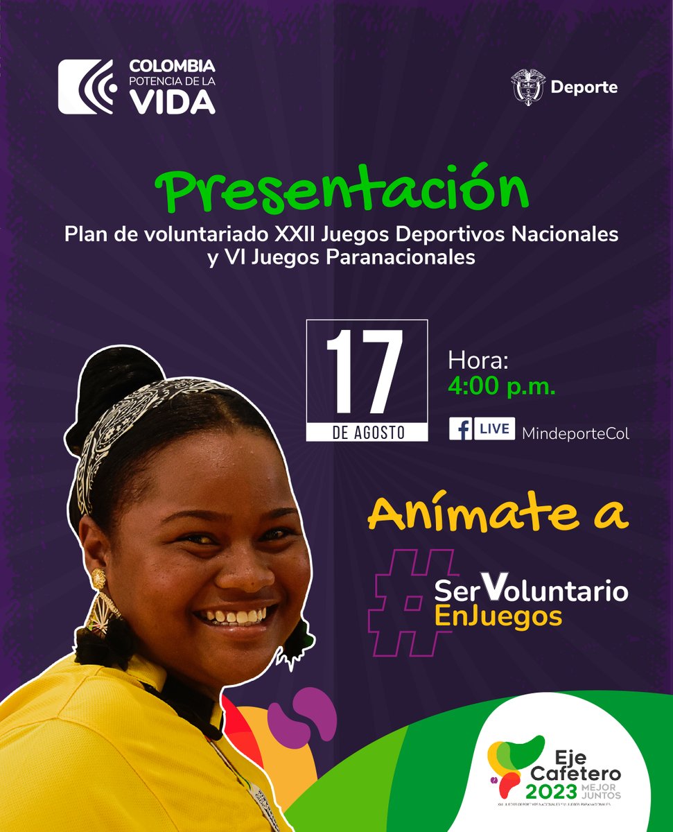 ¿Quieres #SerVoluntarioEnJuegos💪? Conéctate mañana 17 de agosto a las 4:00 p.m. al FB Live🔴de <a href="/MinDeporteCol/">Ministerio del Deporte</a>  para que conozcas todo lo necesario al plan de voluntariado en los XXII Juegos Deportivos Nacionales y VI Juegos Paranacionales Eje Cafetero 2023.