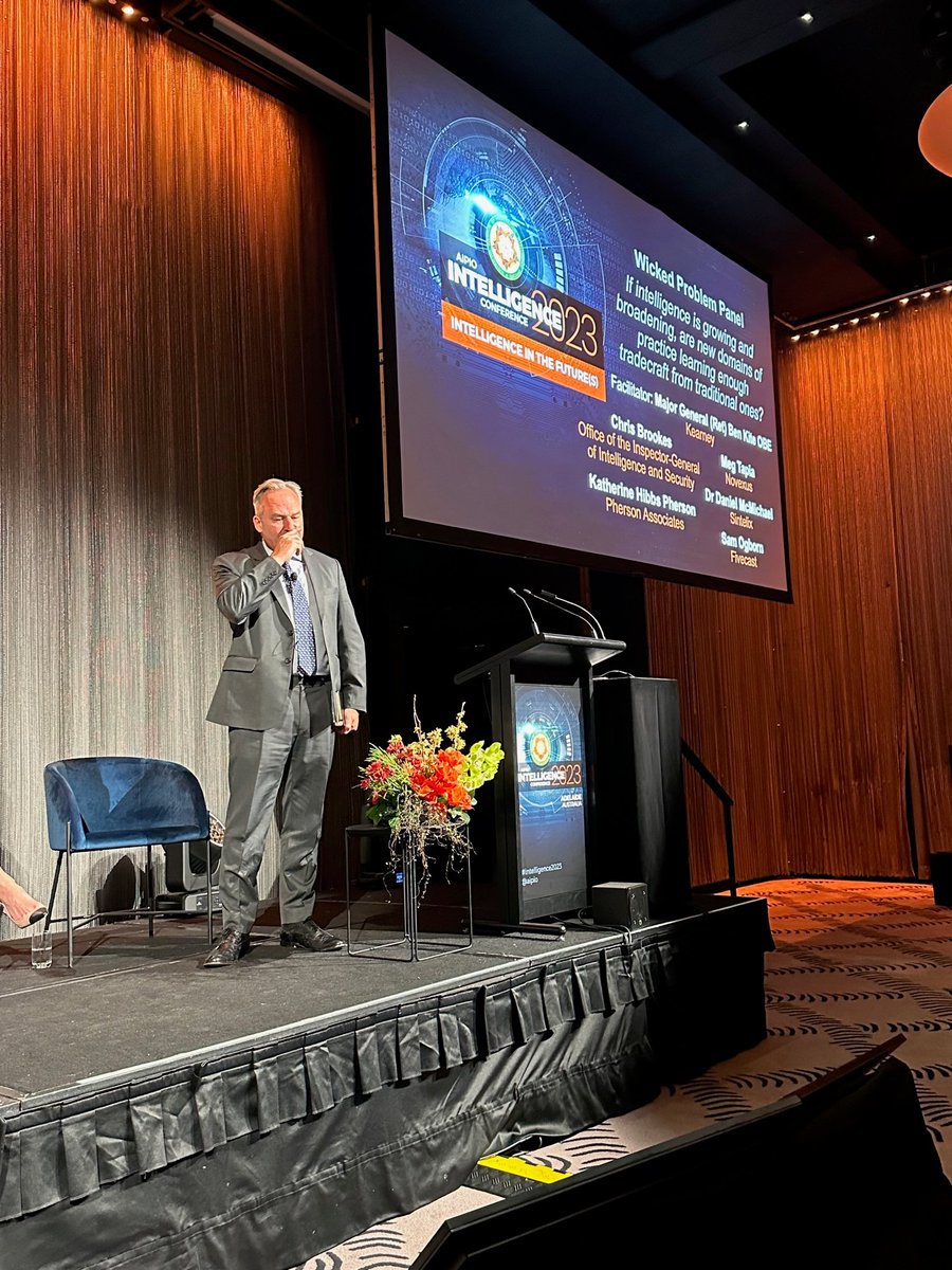 AIPIO's tweet photo. The ‘wicked problem’ panel, facilitated by
@benkite1 @kearney - looking at how we may share tradecraft across the emerging domains of intelligence practice #Intelligence2023 https://t.co/fApzOX0e33