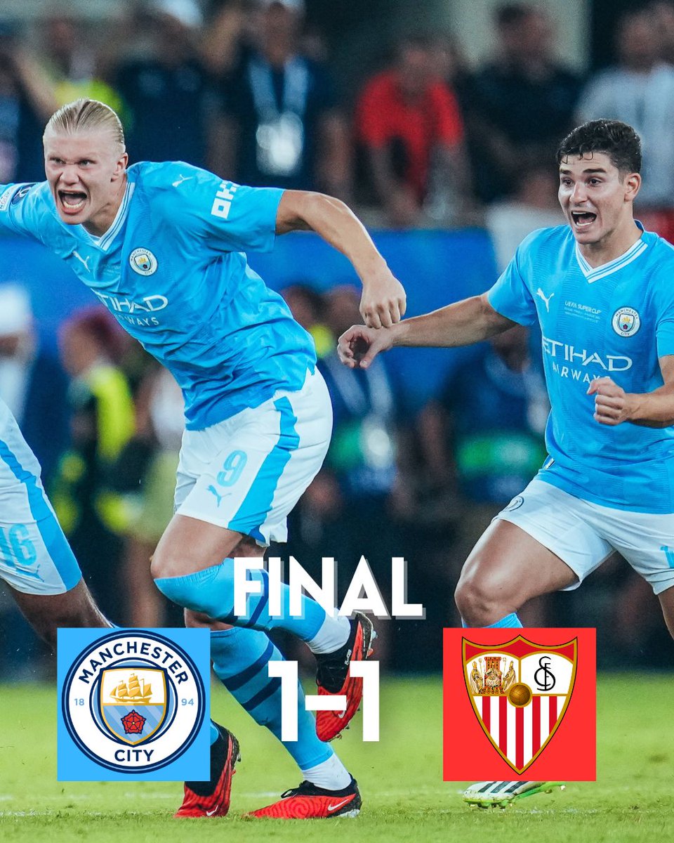 Canal4TCS's tweet photo. ¡FINAL DEL PARTIDO! ⚽️

¡Falló Gudelj en la tanda de penales  y el City es el campeón de la Supercopa de Europa!🌟🏆

#ManchesterCity 1-1 #Sevilla (5-4)

#SuperCopaXel4⚽

🔴EN VIVO🔴
Canal 4 📺 TCSGo! 📲
#TradiciónEnDeportes https://t.co/zsynZFpZuf