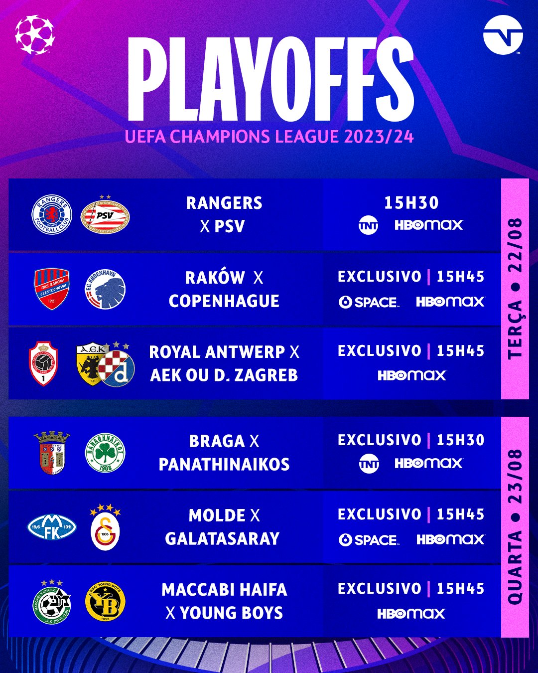 TNT Sports BR on X: TEMOS DATAS E HORÁRIOS! 📅⏱️🔥 Já anota aí na sua agenda pra não perder NENHUM jogo das quartas de final da UEFA Champions League, onde TUDO é