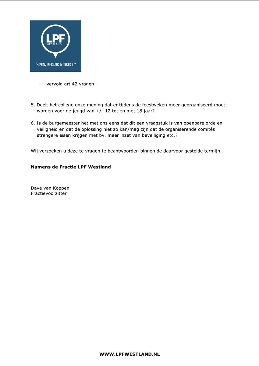 Afgelopen week gedonder bij de Bradelier en gisteravond bij de kermis in Naaldwijk. Geweld tegen bezoekers van de feestweken en tegen politie en beveiligers. Onze fractie stelt collegevragen. #wldebat