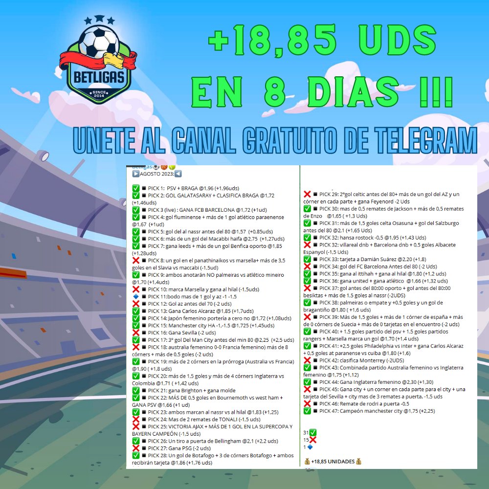 ESTO ES UNA LOCURA !!! +18,85 UNIDADES EN 8 DIAS  !!!

Lo estamos petando!!! 🔥🔥

Únete al canal gratuito de telegram: t.me/betligas