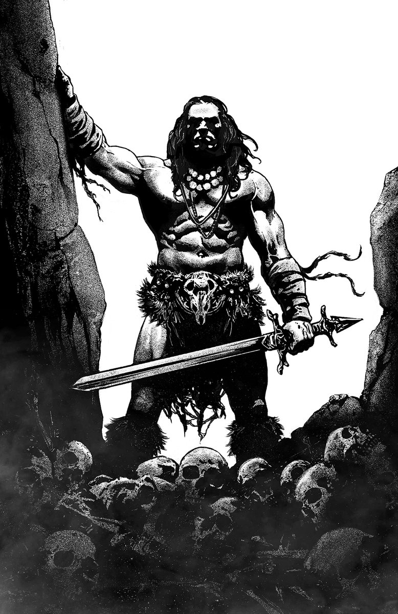 ARTICIDA_'s tweet photo. In front of the pile of skulls, the barbarian stands, his figure imbued with savagery and brute force. Each bone is a silent testimony of fought battles and overcome challenges. #barbarian #conan #comics #comicsworkbook #hqs #quadrinhos https://t.co/OJatM0d8gf