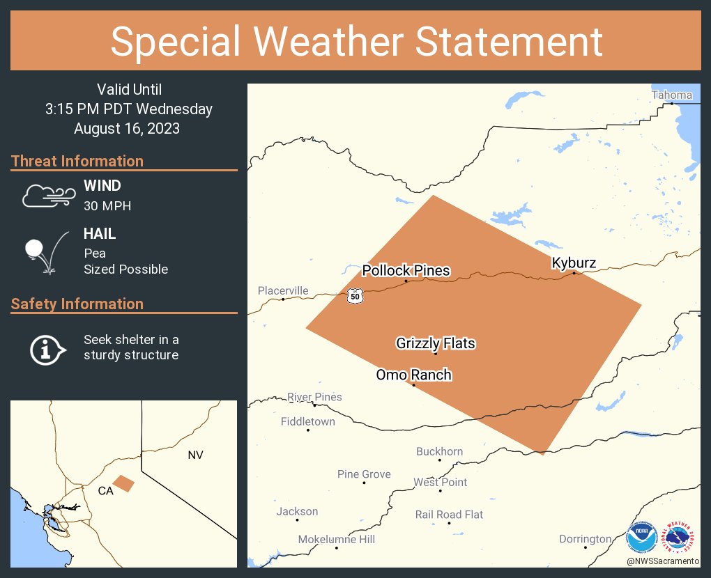 NWSSacramento's tweet photo. A special weather statement has been issued for Pollock Pines CA, Camino CA and Grizzly Flats CA until 3:15 PM PDT https://t.co/Q6CVbJnVVN