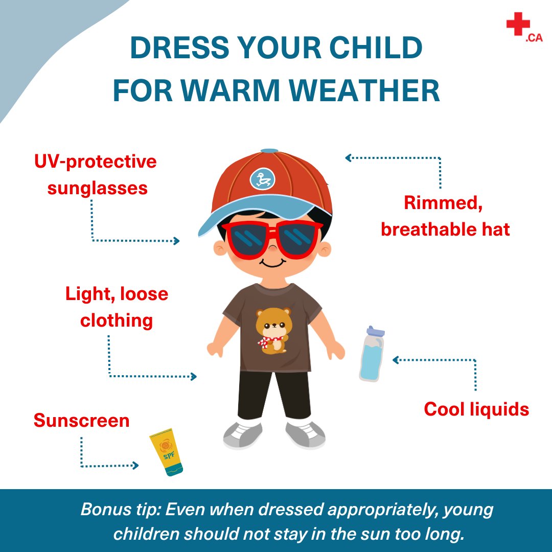 redcrosscanada's tweet photo. Turtleneck season is not here yet! 🌞

Here’s how to dress your child for an enjoyable (and fashionable) day in the heat:

✔️Sunglasses
✔️Light, loose clothing
✔️Breathable hat
✔️Bonus accessories: water bottle &amp; sunscreen https://t.co/hzosc6KdSl