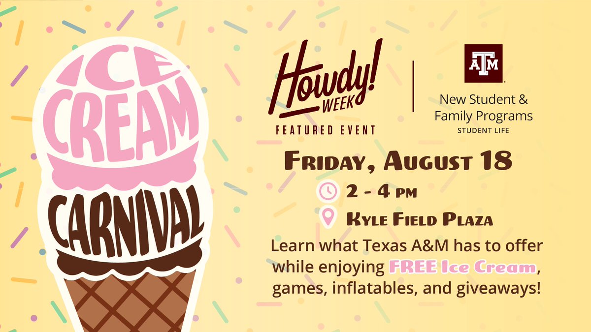 Thinking about ways to cool off during #HowdyWeek? Join us at the Ice Cream Carnival to enjoy games, giveaways, inflatables, and FREE ice cream! We'll see you Friday, August 18 from 2-4 p.m. in Kyle Field Plaza.
