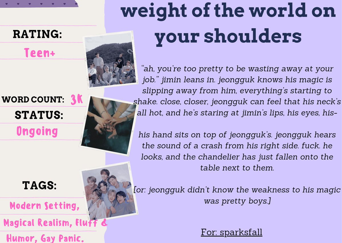 BTS Gift Exchange | AUTHOR REVEALS (@btsficexchange) on Twitter photo °˖✧ weight of the world on your shoulders ✧˖°
➸ Teen+ | 3k | Ongoing
➸ for <a href="/sparksfalldown/">sparks⁷ 🏳️🌈 JIN LONDON</a>
🖇️ archiveofourown.org/works/49224835… °˖✧ weight of the world on your shoulders ✧˖°
➸ Teen+ | 3k | Ongoing
➸ for <a href="/sparksfalldown/">sparks⁷ 🏳️🌈 JIN LONDON</a>
🖇️ archiveofourown.org/works/49224835…