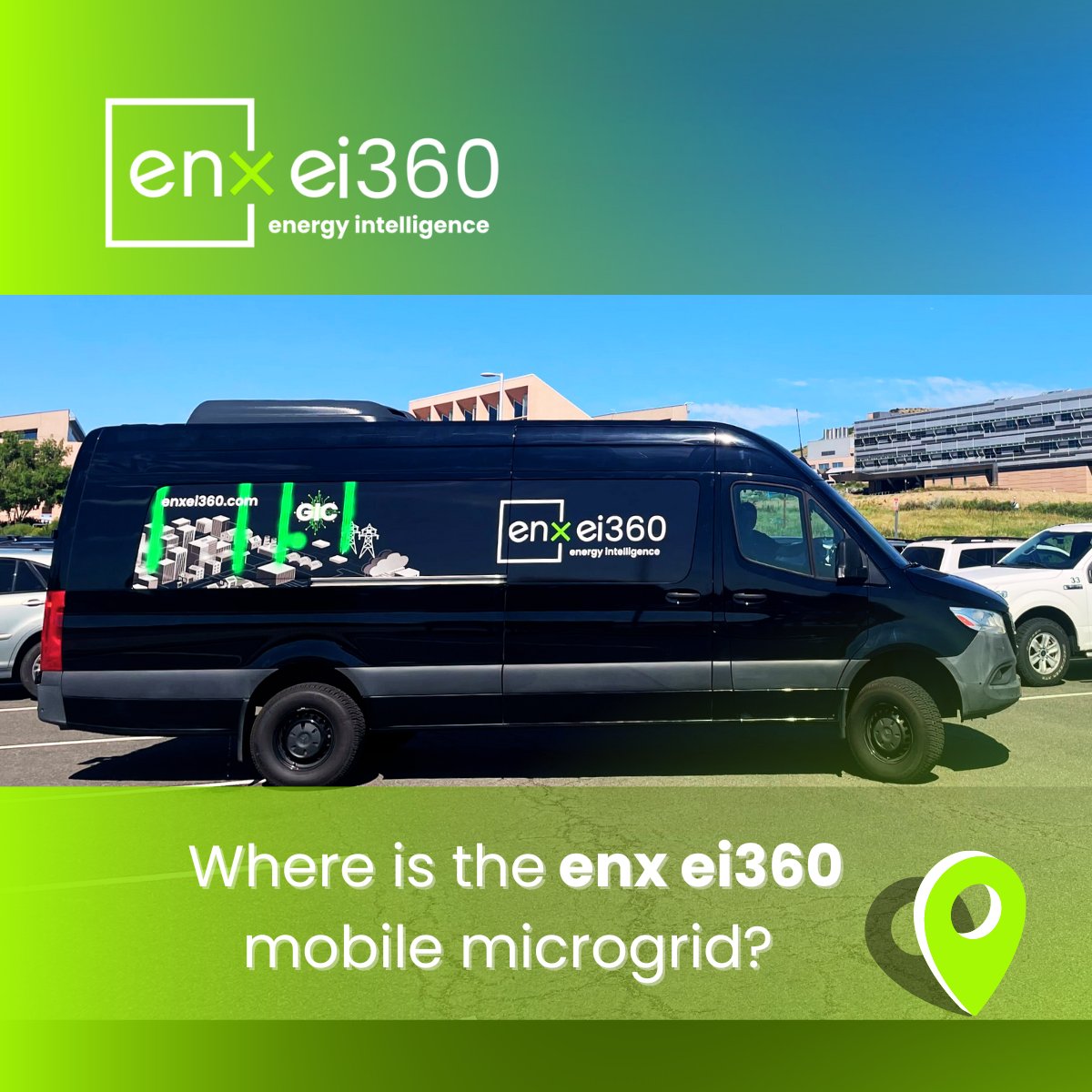 EnXchange's tweet photo. The team hit the road for a very special destination. Can you guess where the enx ei360 mobile microgrid is parked? There is a significant clue in the background. IYKYK! 
#energy #resiliency #sustainability https://t.co/HtNDfheren