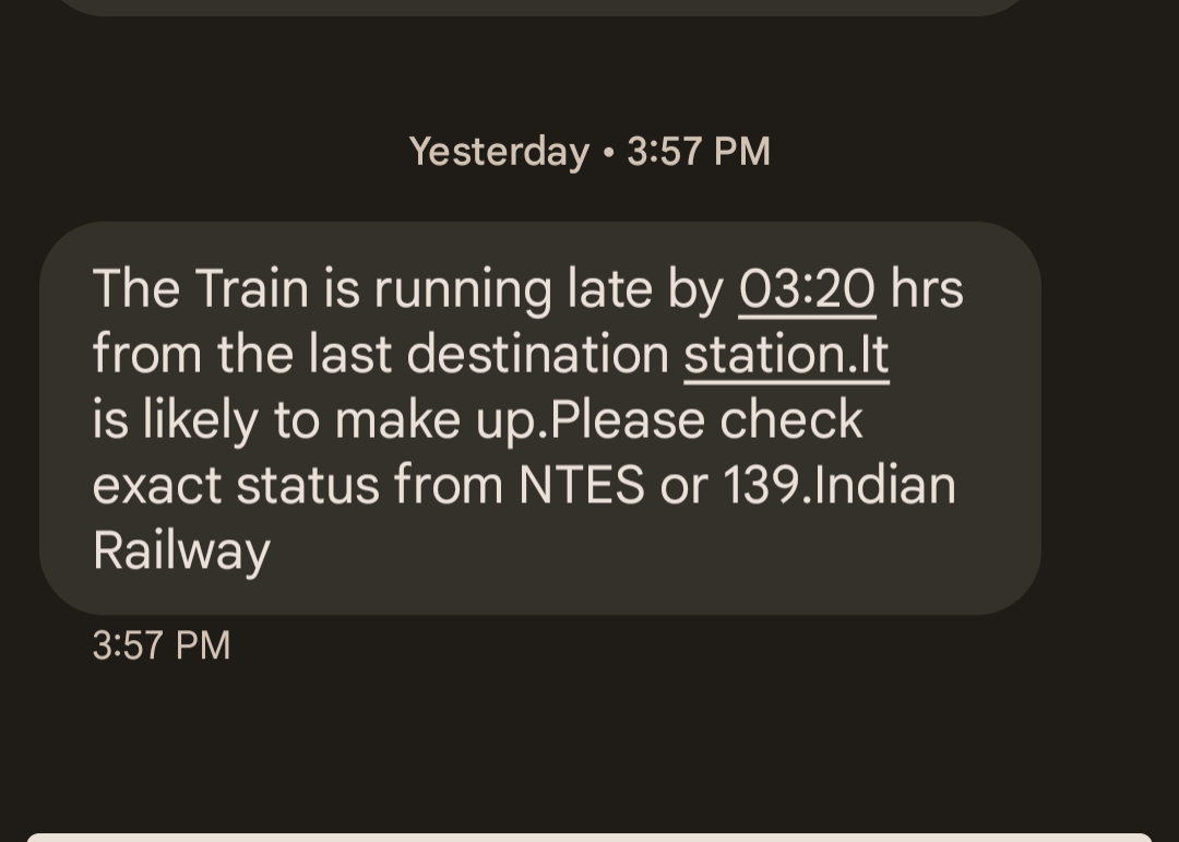 sainijitweets's tweet photo. @RailwaySeva I got the message where it was clearly mentioned that "it is likely to makeup." I waited 5 hrs at CNB  and arrival time changed 3 times. 
It was really important for me to reach on time. Which is not possible now so I need refund. 
@RailMinIndia @RailwaySeva @IRCTCofficial https://t.co/R3Awvv2kuK