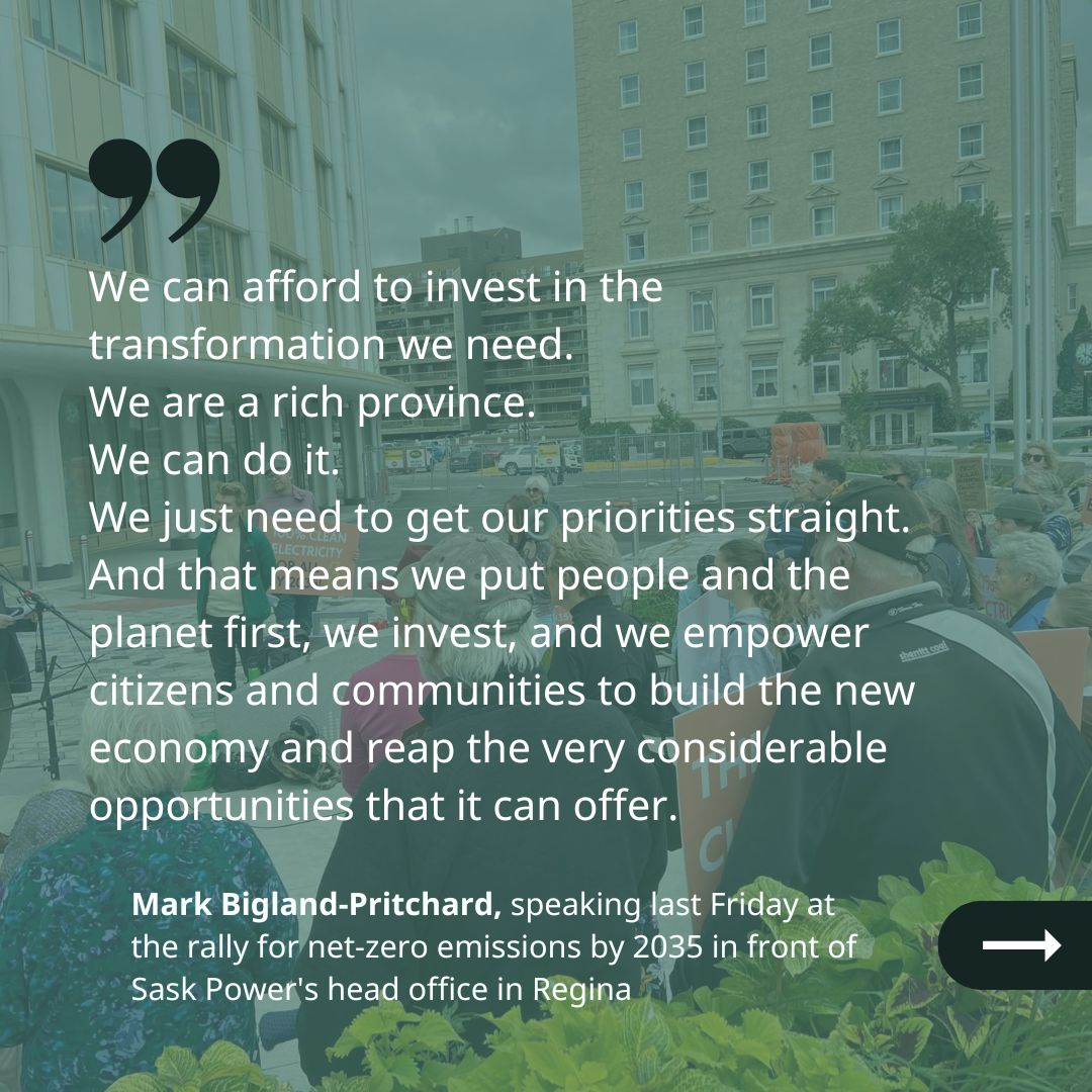 CJSaskatoon's tweet image. Last Friday, Mark Bigland-Pritchard spoke at the Rally for Clean Electricity outside Sask Power&apos;s head office. You can read the full version of his speech here in our latest blog post: climatejusticesaskatoon.ca/stop-the-rush-…