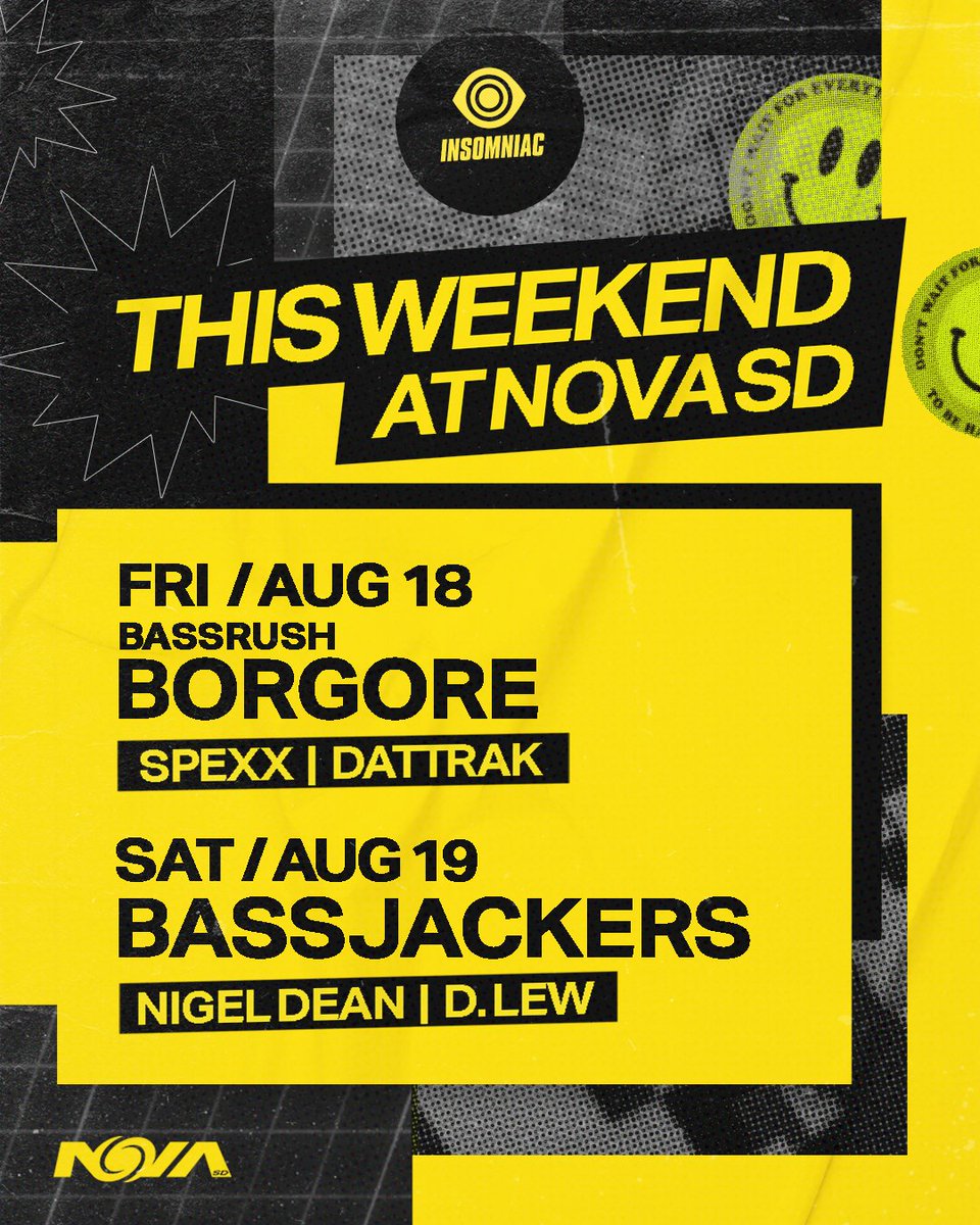 novasdclub's tweet photo. Big weekend inbound! → https://t.co/jTS9nBnREl

Meet us at the rails Friday with @bassrush for @Borgore, alongside Spexx &amp; @DatTrak. 😤 The party continues Saturday with @Bassjackers mammoth hits, plus support from @thenigeldean &amp; Dlew. 🎉 See you on the dance floor https://t.co/y0xyixRXm3