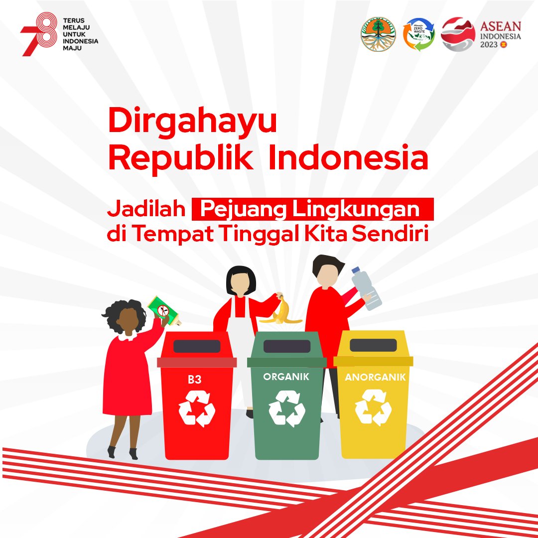 Sudah 78 tahun Indonesia Merdeka.
Merah putih dalam dada berkibar untukmu, Indonesia tercinta.
Terus kobarkan semangatmu para pejuang bangsa.
Dan jadilah pejuang lingkungan di tempat tinggal kita sendiri. 
DIRGAHAYU REPUBLIK INDONESIA ke-78. 

#KLHK
#HUT78RI
#IndonesiaTerusMelaju