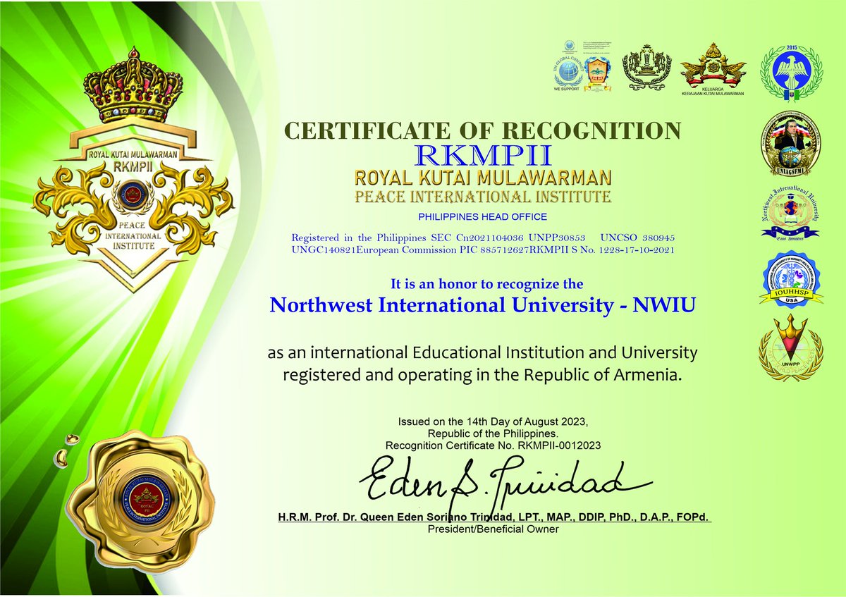 Recognition Certificate of Northwest International University-  NWIU in Republic of Armenia to the <a href="/KutaiPeace/">Royal Kutai Mulawarman Peace Int'l Institute</a> RKMPII as an Official Educational Partner. Thank you NWIU- Reciprocated. #Peace #RKMPII 
<a href="/EDENTRINIDAD/">EDEN  S. TRINIDAD</a>