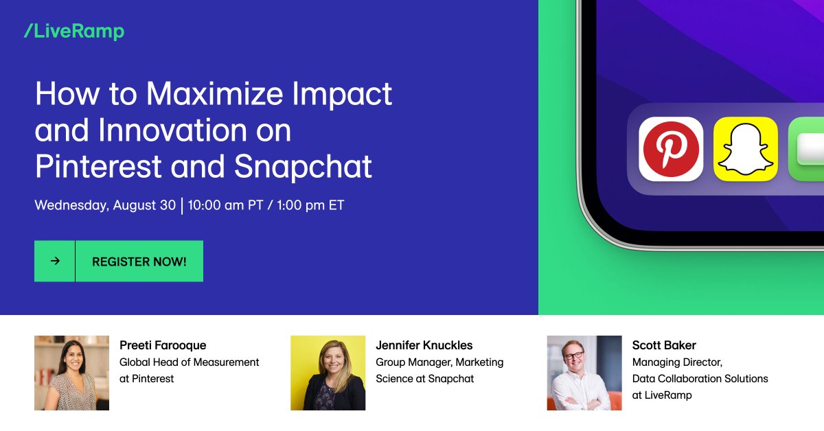 Ready to tap into audiences with 857 million active users? Our next webinar with <a href="/Pinterest/">Pinterest</a> and <a href="/Snap/">Snap Inc.</a> will share how you can optimize campaigns with targeted, new audiences and improved measurement strategies. Register: liveramp.com/lp/wb/maximize…
