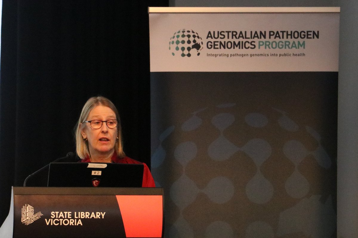AusPathoGen's tweet photo. It's cross-cutting themes time with @maxcummins1 and @AnneEWatt updating us on #OneHealth and Dr Susan Ballard @CDGN_Australia telling us about Teaching and Training #APGSymposium #pathogengenomics #publichealth #research @BenjaminHowden https://t.co/z7VZuxjAGu