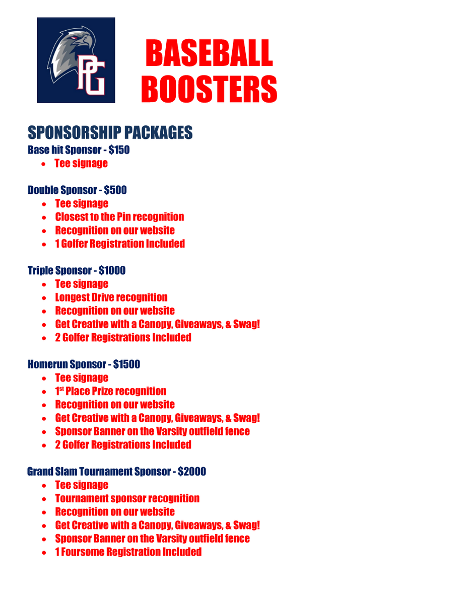 Save the Date!  The 7th Annual PG Baseball Boosters Golf Tourney is just around the corner!   Come out and support the PG Eagles Program while enjoying a great day on the course!
📅 Sunday 10/08/2023
⏰ 1:00 pm Shotgun Start
⛳️ <a href="/RanchoMurietaCC/">Rancho Murieta Country Club</a> 

<a href="/PGEaglesSports/">Pleasant Grove HS Athletics</a> ⚾️⛳️⚾️⛳️