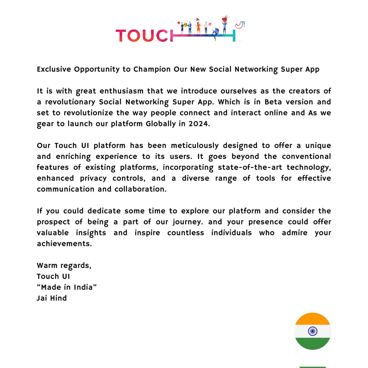 touchuiofficial's tweet photo. Dear @itsRajTarun garu,
We write to you with great excitement to introduce our Social Networking Super App with advanced features and a wide range of tools for effective communications. 
 "MADE IN INDIA"
https://t.co/BcntfiOQv9 (Android)
https://t.co/NsbHDLtEEu (IOS) https://t.co/vrSllg1pOc
