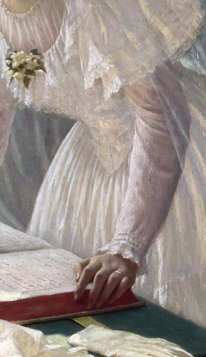 cutey_chou's tweet photo. Get to know a world famous painting every day — No. 23🎨
Name: Wedding signature
English: The Wedding Register
By Edmund Blair Layton
Nationality: British
Year: 1929
Category: Situation
Material: oil painting on canvas
Specifications: 91.4*118.5cm
Collection: Private Collection
This painting depicts a couple getting married.🥰
A beautiful bride is wearing a white wedding dress, with a white flower on her chest, a wreath on her head and a white silk scarf, bending over and holding a quill pen on a book Signed, and pressed the corner of the book with the other hand. The groom stands next to the bride with a top hat in his hand, watching the bride sign with concentration. Behind the bride is a little flower girl holding a white bouquet and the people who came to the wedding. Opposite the bride is an old man who presided over the wedding.

Behind the bride, a little flower girl holding a white bouquet is staring intently and slightly nervously at the bride's signing hand; the couples who came to the wedding are chatting relaxedly.

Opposite the bride is an old man presiding over the wedding.
On the table, the white gloves and handkerchiefs taken off by the bride, the Bible and the ink pen holder, etc., seem to be drawn randomly, but in fact they are delicately and realistically depicted.

Sunlight pours in from the window in the upper left corner of the picture, mostly shining on the bride's body. Under the sunlight, the wedding dress looks whiter and softer, which strengthens the holy image of the bride. In contrast, Layton's depictions of the figures and surroundings surrounding the bride use a slightly darker and subdued tone.

The painting is a late work by Leighton, but like his earlier works, it still belongs to the distinctly English aesthetic style. The lyrical shape, soft colors and delicate depiction in the picture make the beauty of this work directly hit people's hearts, and it has become a classic that many couples specially refer to when taking wedding photos.

Share world famous paintings every day
Make small but daily progress🥰
#Art #famous painting #painting #world masterpiece #daily sharing #draw #Aesthetic accumulation
#아트 #명화 #유화 #예술품 #미적미적미적미적향상 #그림그리기 #일상 #나눔 #세계 명화 #그림을 그리다