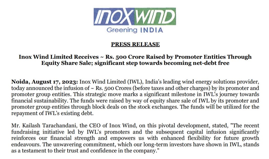 Equity raise of Rs 500 crs by stake sale, significant step towards becoming net debt free
#Inoxwind #inoxgfl