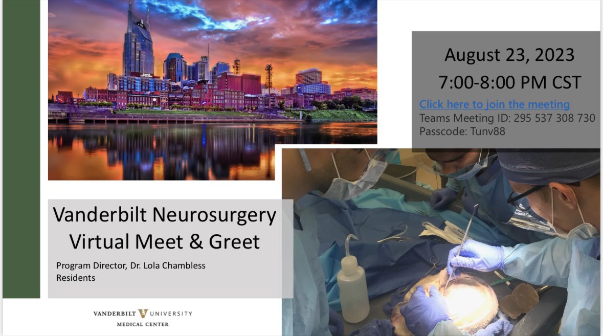 Applying to #Neurosurgery residency? Join us on Microsoft Teams for a virtual meet and greet Wednesday, Aug 23 from 7-8p CST to learn all about our program, meet our PD @lola_chambless and residents and ask any questions you may have! We look forward to meeting you! 😊 #Match2024