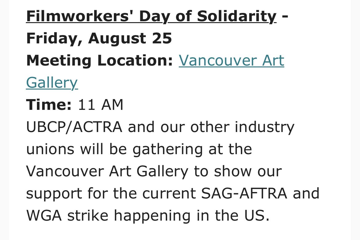 Filmworkers’ Day of Solidarity in Vancouver.
#SAGAFTRAstrong #WGAStrong #IATSE #Teamsters #UBCPACTRA #UnionStrong #Solidarity