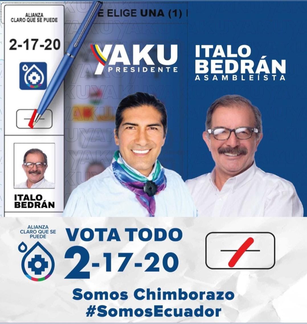 bedranitalo's tweet photo. Chimborazo cuento con tu apoyo, este 20 de agosto ¡Vota todo lista 2-17-20!

¡Claro que se puede! ¡Yaku Presidente e Ítalo Bedrán a la Asamblea!

#YakuPresidente #YakuEs2 #SomosEcuador #SomosChimborazo #ItaloEsChimborazo #ItaloBredran #ItaloAlaAsamblea https://t.co/SIDX3TuT8d