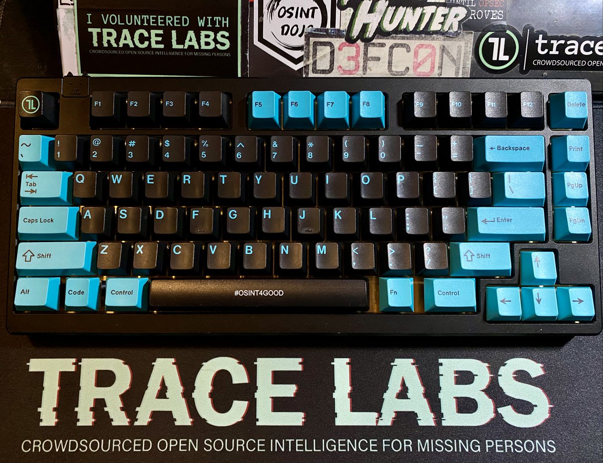 I want to give a huge thank you to <a href="/human_decoded/">Tom</a>, who built and gifted me this custom @KBDFans <a href="/TraceLabs/">Trace Labs</a> keyboard. Each year at <a href="/defcon/">DEF CON</a>, I get to show it off and receive so many awesome compliments. Extremely grateful to be a part of this amazing organization doing #OSINT4Good!