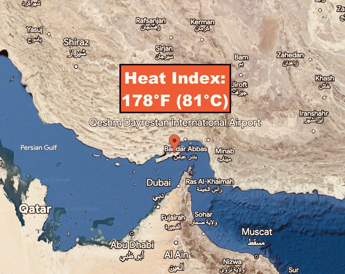 🔥🔥🔥 RECORD BREAKING: A Horrific Heat Wave Sweeps Qeshm Dayrestan International Airport --- Heat Index hits 178°F (81°C) According to NOAA.
 
The heat index yesterday at this airport not only tied the highest heat index ever recorded, the dew point sent a new world record at