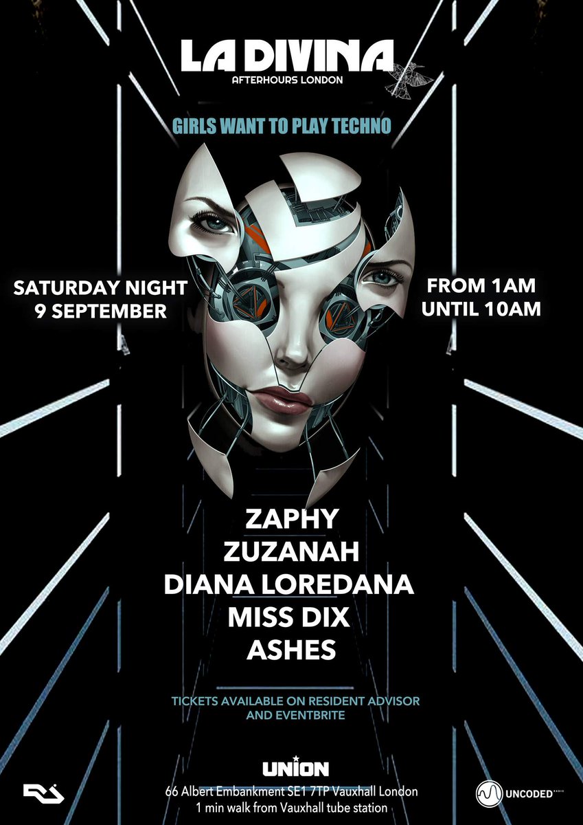 Events: Girls Just Want To Play Techno - After hours at La Divina @ Union Vauxhall 09/09/23 #TECHNO #UnionVauxhall #Girlsjustwanttoplaytechno #Ladivna #Londonclubbing 
bonusmagazine.co.uk/events/events-…