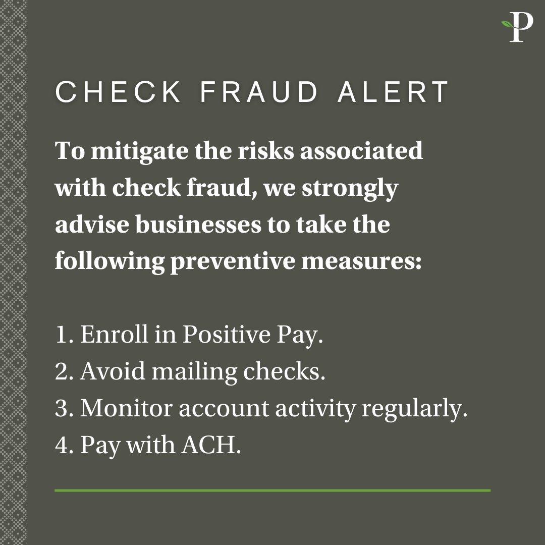 ParksideBank's tweet photo. Criminals are employing sophisticated techniques to alter payee information on checks, leading to the unauthorized redirection of funds &amp; potential losses for companies. Kelley Schwartz provides preventive measures to protect businesses from check fraud: https://t.co/S3EAFz78TP https://t.co/4els3fH01n