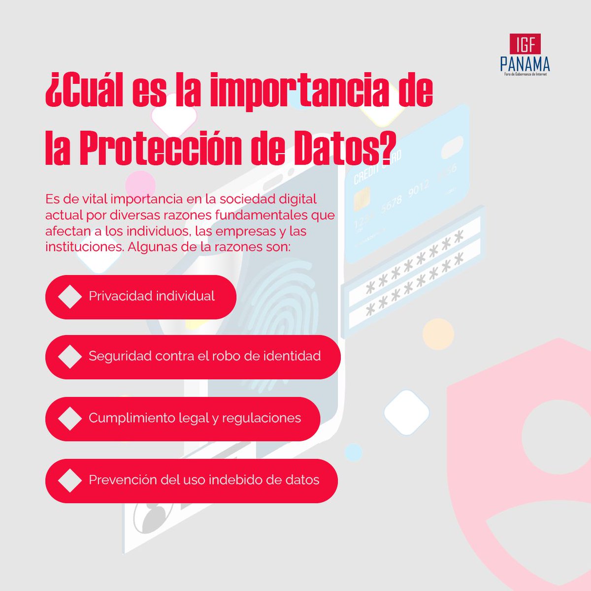 La protección de datos es crucial para preservar la privacidad de las personas👥, prevenir el abuso de información personal y salvaguardar🤝🏻 contra posibles vulnerabilidades cibernéticas.💻

#IGF #internet #protecciondedatos #seguridadenlinea #privacidadedatos