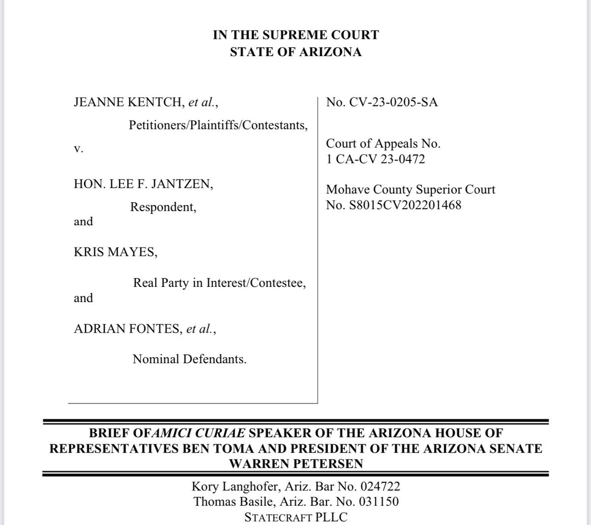 🚨🚨 New Filing 🚨🚨 I want to thank Senate President @votewarren and House Speaker @RepBenToma for filing an amicus brief in support of our special action requesting a new trial at the AZ Supreme Court. It’s time to count the remaining 9,000 ballots. Let’s go win.