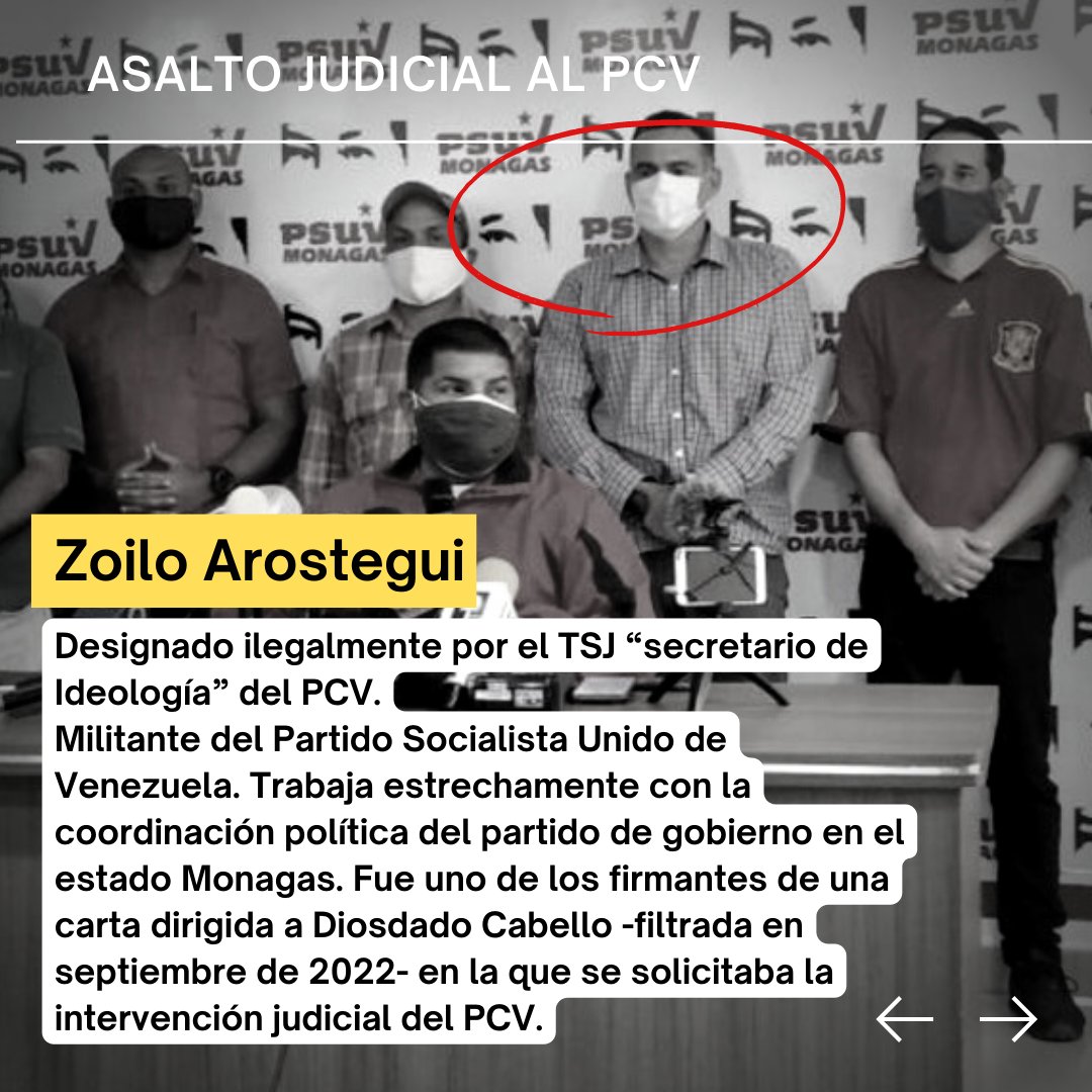 PCV_Venezuela's tweet photo. ❌ Zoilo Arostegui. Designado ilegalmente por el TSJ “secretario de Ideología” del PCV.

Militante del Partido Socialista Unido de Venezuela. Trabaja estrechamente con la coordinación política del partido de gobierno en el estado Monagas. https://t.co/e0rOBOTY8d