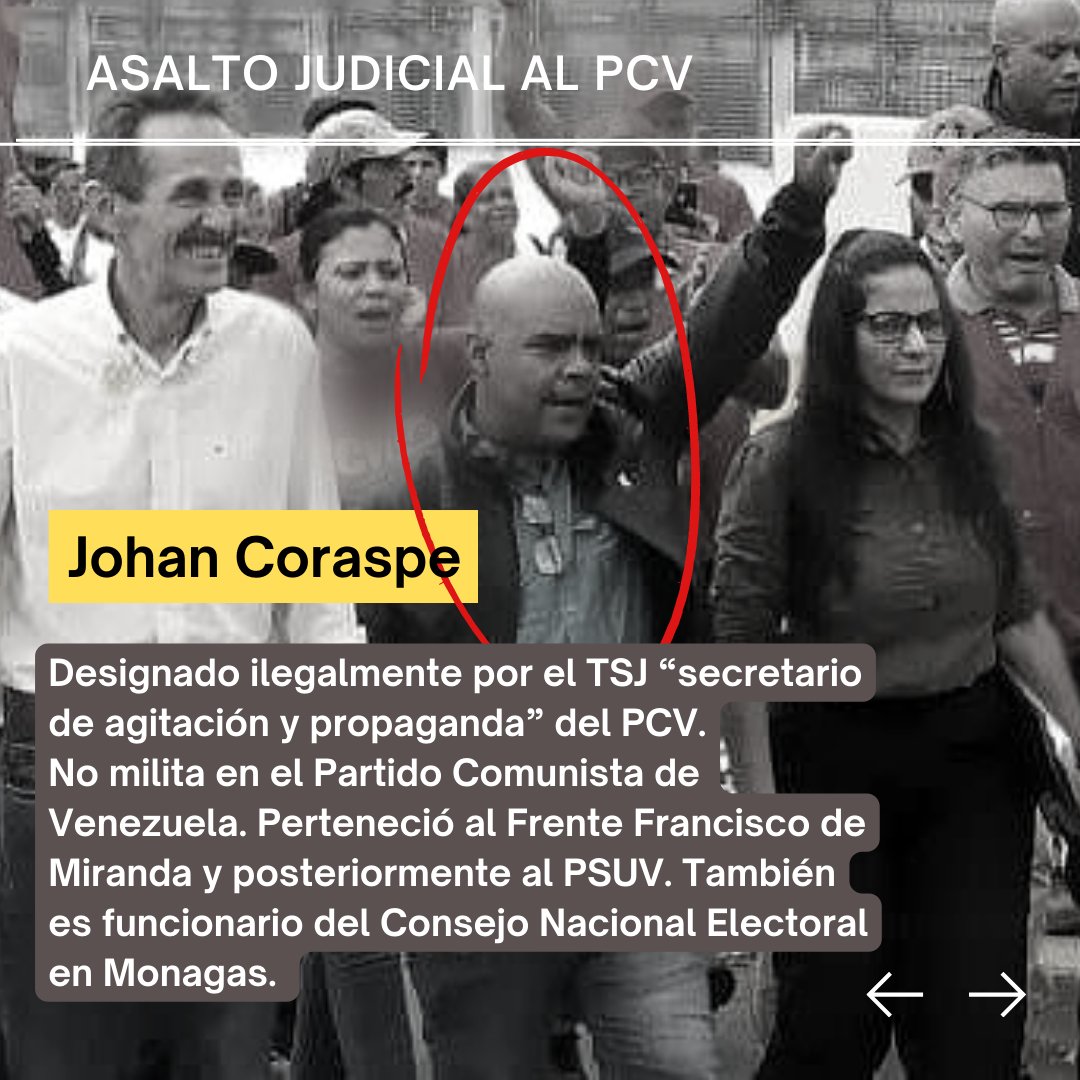 PCV_Venezuela's tweet photo. ❌ Johan Coraspe. Designado ilegalmente por el TSJ “secretario de agitación y propaganda” del PCV.

No milita en el Partido Comunista de Venezuela. Perteneció al Frente Francisco de Miranda y posteriormente al PSUV. También es funcionario del Consejo Nacional Electoral en Monagas https://t.co/sl1X2VhNNe