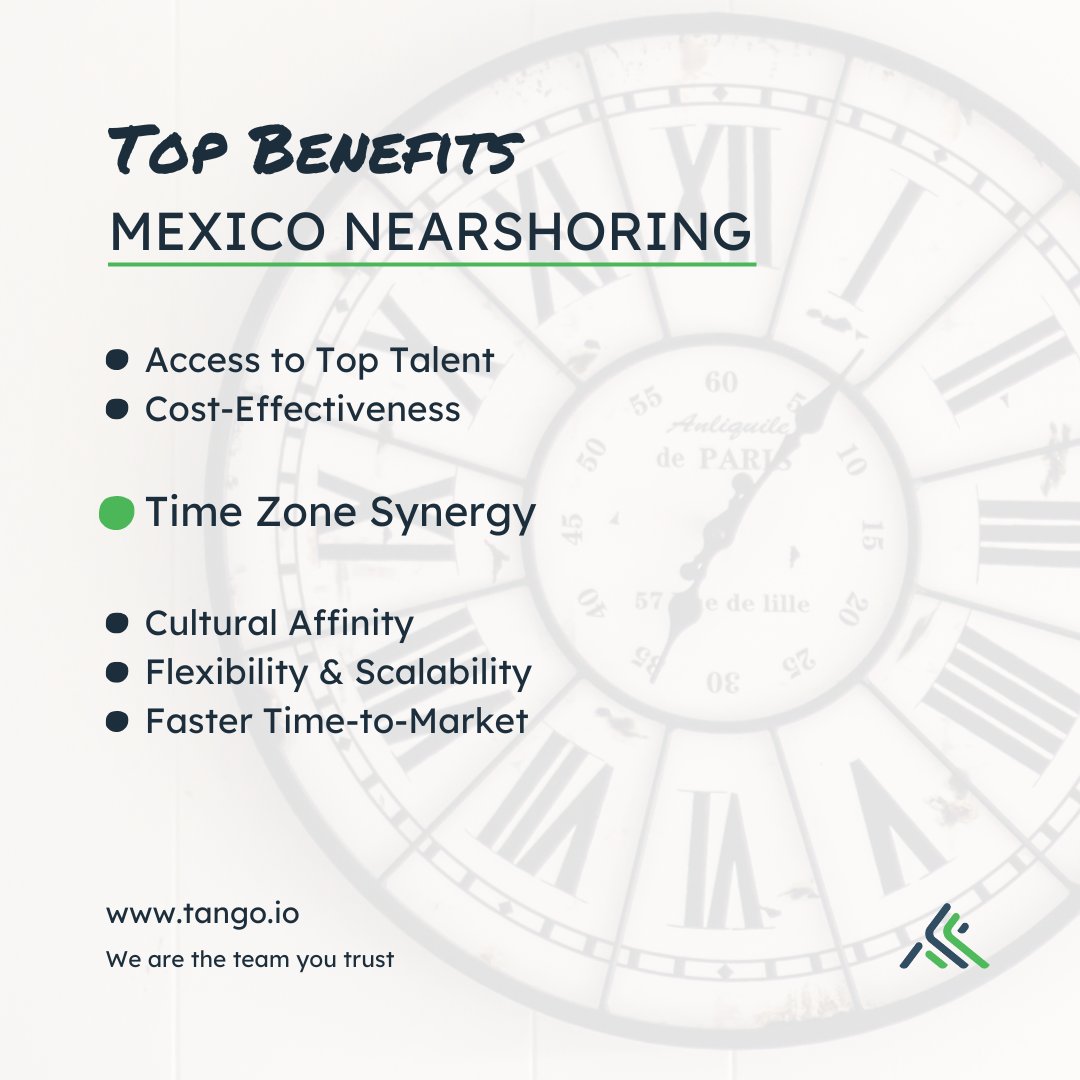 In another post, we share some of the benefits that Nearshore services can give to your company, and now it's Time Zone Synergy time
With close time zone alignment, collaboration becomes seamless.

#Nearshoring #StaffAugmentation #BusinessGrowth #TeamExpansion