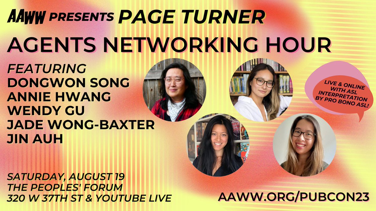 aaww's tweet photo. If you’re coming to #PubCon23 this Saturday at @peoplesforumnyc, don't miss our Agents Networking Hour, featuring literary agents Dongwon Song, Annie Hwang, Wendy Gu, Jade Wong-Baxter, and Jin Auh!
🌟 Grab (discounted!) tickets: https://t.co/QwyLSwrvy1 https://t.co/j7LVRStuTW