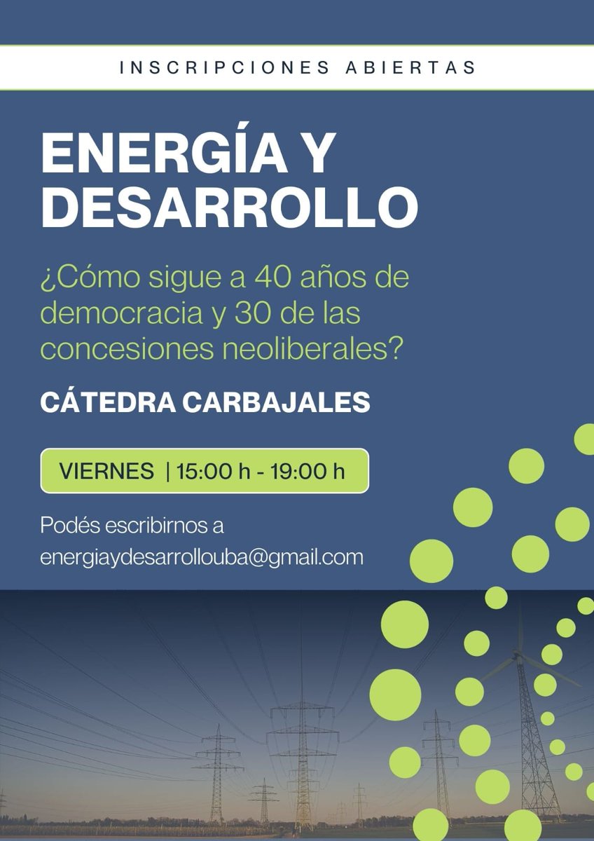 Arranca la 8va edición del Seminario "Energía y Desarrollo" de <a href="/CpoliticaUBA/">Ciencia Política - UBA</a>. Abierto a otras carreras de <a href="/ubasociales/">UBA Sociales | #FSOC #UBA</a> y al público en gral.
Es presencial y con salidas al "campo" (refinerías, plantas I+D, gasoductos).
Con grandes invitados de la industria, gobierno y academia 👇