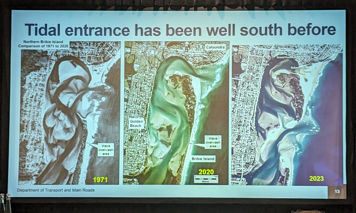 SatelliteSci's tweet photo. A great deep dive into the Bribie Island breach from Sel Sultmann at #CoastsandPorts2023, including some fascinating historical aerial photography and a neat application of @GeoscienceAus #DEACoastlines satellite shoreline data! https://t.co/yXJKIb8mYW