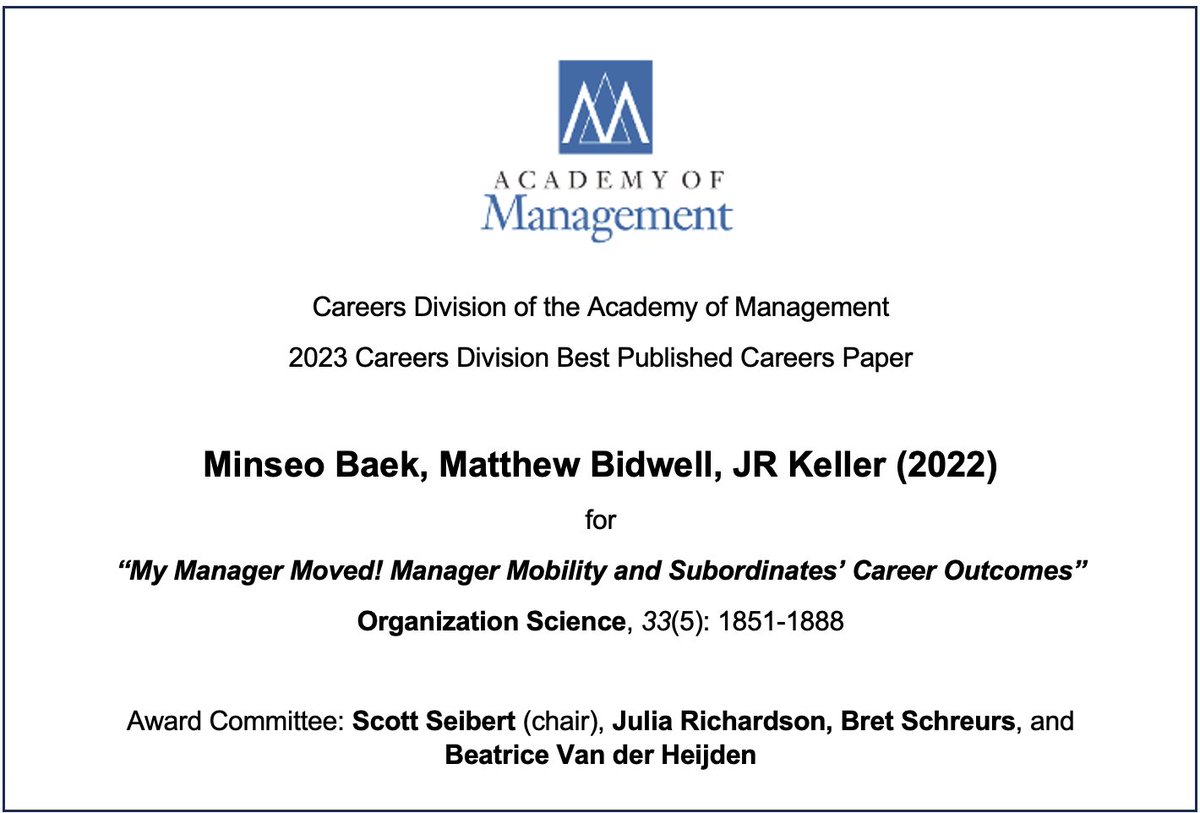 Congratulations to Minseo Baek (Wharton), Matthew Bidwell (Wharton), JR Keller (Cornell) for winning the Best Published Careers Award 2023 <a href="/CareersDivision/">Careers Division</a>

car.aom.org/discussion/car…