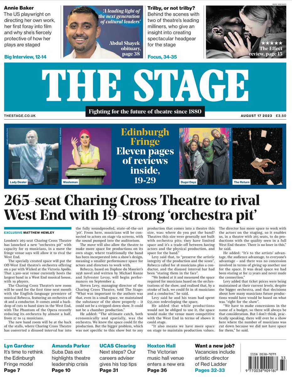 KevinWilsonPR's tweet photo. BOOM! 💥 Hold the front page of @TheStage for @CharingCrossThr new 19-strong orchestra pit for @Rebecca_Musical - KWPR smashing it out of the park! Huge thanks to @MattHemley https://t.co/vsRO0goJ7u
