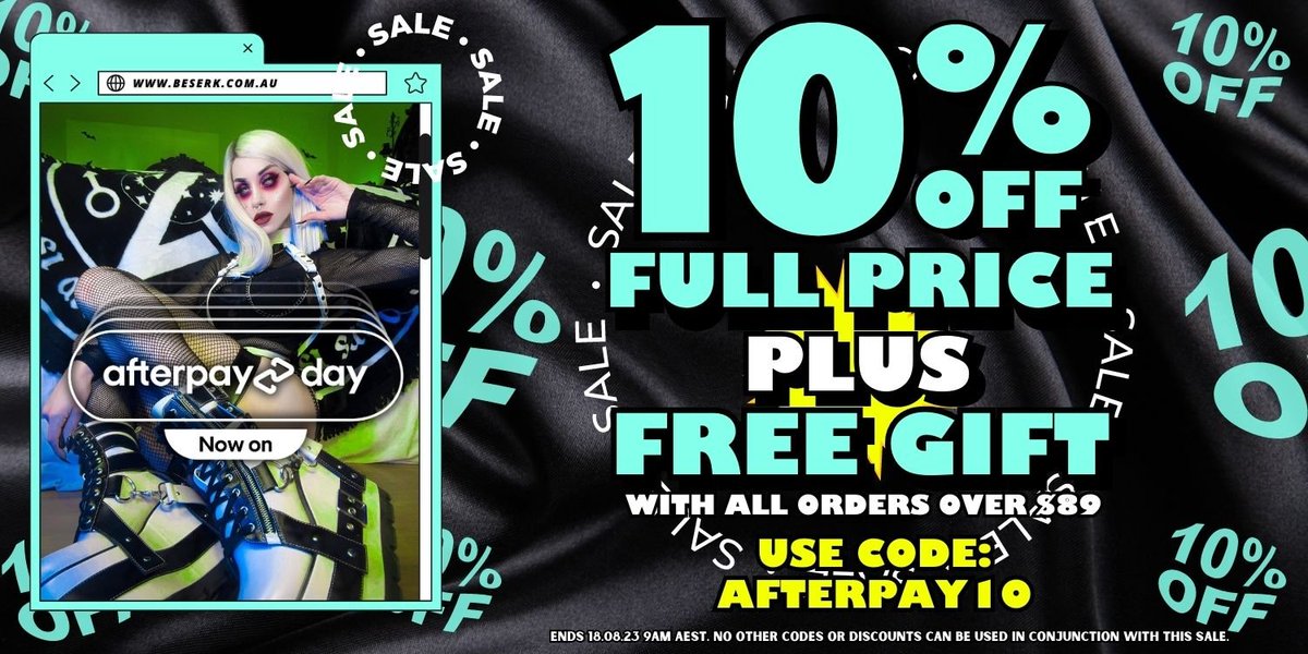 BeserkClothing's tweet photo. ๐AFTERPAY DAY AT BESERK!! ๐ Get 10% OFF Orders over $89 AUD and a FREE GIFT!! ๐๐ค
Be quick as it ends tomorrow at 9AM AEST!! โฐ๏ธ #afterpayday #sale #goth #beserk #freegift https://t.co/GvywZ4iTlZ