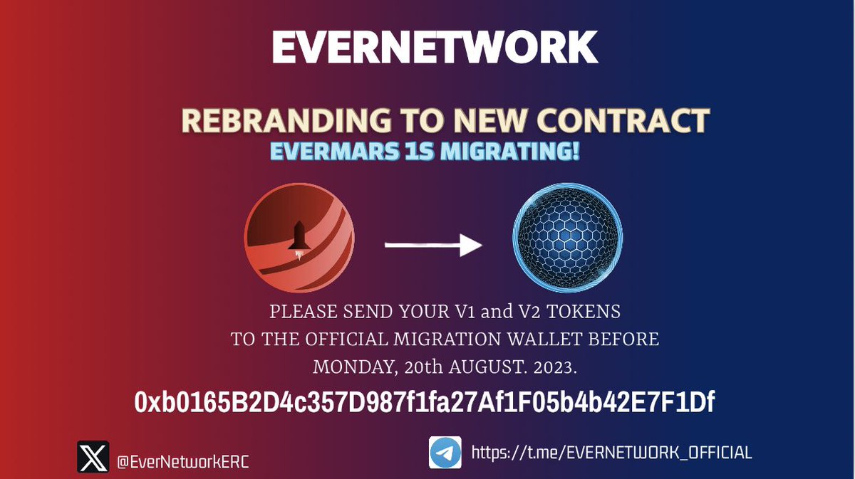 EverNetworkERC's tweet image. ‼️UPDATE‼️
After going through some complaints, I noticed not everyone migrated their EverMars v2 tokens to v3
Therefore I’ll be migrating both #EverMars V2 and V3 tokens. Please join the new telegram on bio specifically for $EverNetwork.

#ETH #Migrating #EverNetwork #Trending