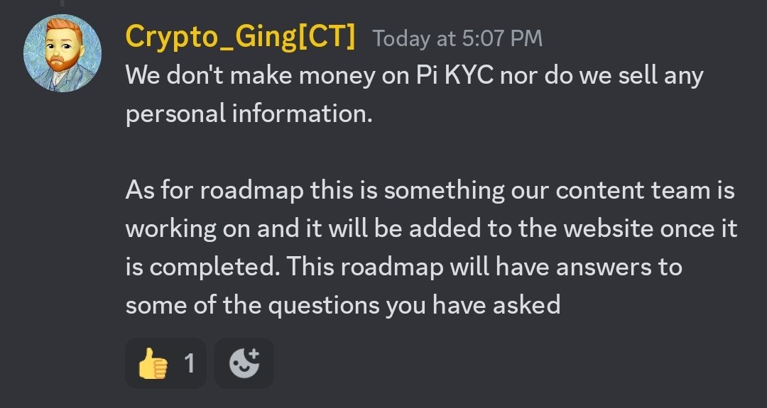 ⚡<a href="/PiCoreTeam/">Pi Network</a>回复:我们不从Pi KYC中赚钱，也不出售任何个人信息。

至于路线图，这是我们的内容团队正在做的事情，一旦完成就会添加到网站上。这个路线图将回答您的一些问题