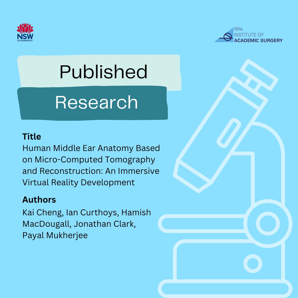 Institute of Academic Surgery (@rpa_ias) on Twitter photo “Human Middle Ear Anatomy Based on Micro-Computed Tomography and Reconstruction: An Immersive Virtual Reality Development” was published in May this year. Well done Kai Cheng, Prof Emeritus Curthoys, A/Prof Hamish MacDougall, Prof @jcBeyond5 and A/Prof <a href="/Payal_Aus/">Payal Mukherjee</a>. 📚 “Human Middle Ear Anatomy Based on Micro-Computed Tomography and Reconstruction: An Immersive Virtual Reality Development” was published in May this year. Well done Kai Cheng, Prof Emeritus Curthoys, A/Prof Hamish MacDougall, Prof @jcBeyond5 and A/Prof <a href="/Payal_Aus/">Payal Mukherjee</a>. 📚