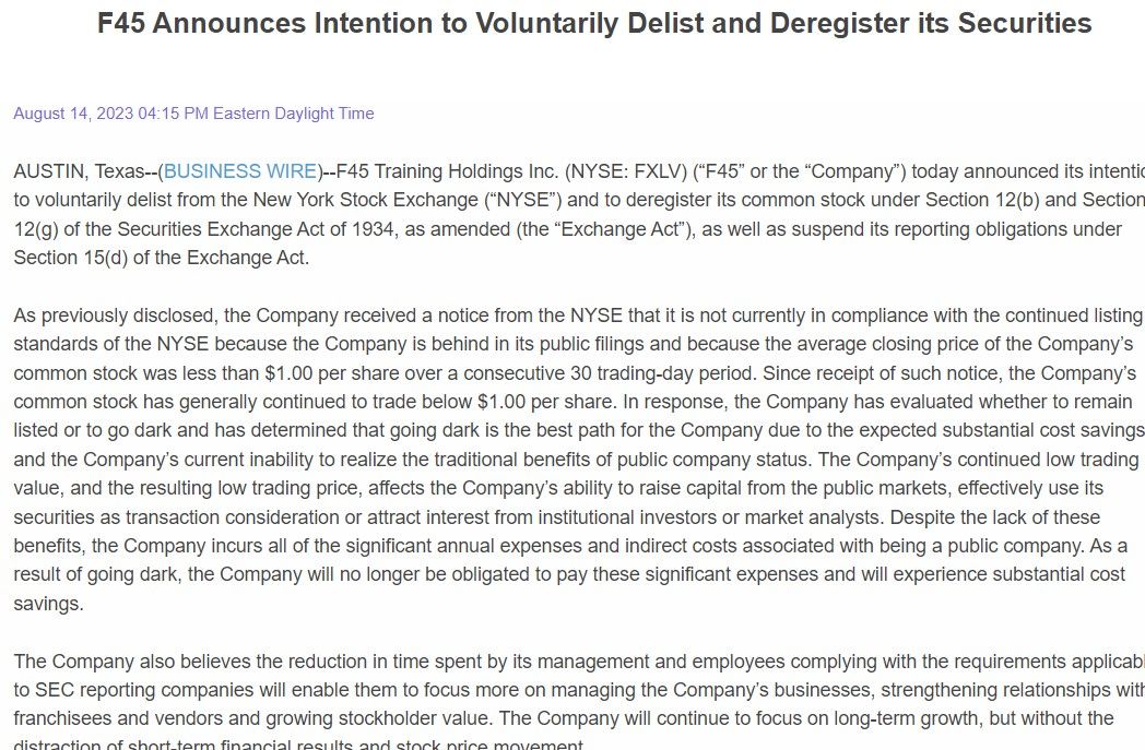 SBO_Financial's tweet photo. Called it! 🎯

Mark Wahlberg’s F45 announces intention to delist. https://t.co/vpAoF5pHnV
