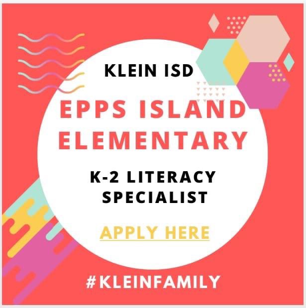 Klein ISD Early Childhood (@kleinisd_ec) on Twitter photo Are you a literacy lover who has a passion for Early Childhood Education? Epps Island Elementary, in Klein ISD, is looking for a K-2 Literacy Specialist! We would LOVE to have you join our #KleinFamily <a href="/EppsIslandKISD/">Epps Island</a>
Apply Today! applitrack.com/kleinisd/onlin… Are you a literacy lover who has a passion for Early Childhood Education? Epps Island Elementary, in Klein ISD, is looking for a K-2 Literacy Specialist! We would LOVE to have you join our #KleinFamily <a href="/EppsIslandKISD/">Epps Island</a>
Apply Today! applitrack.com/kleinisd/onlin…