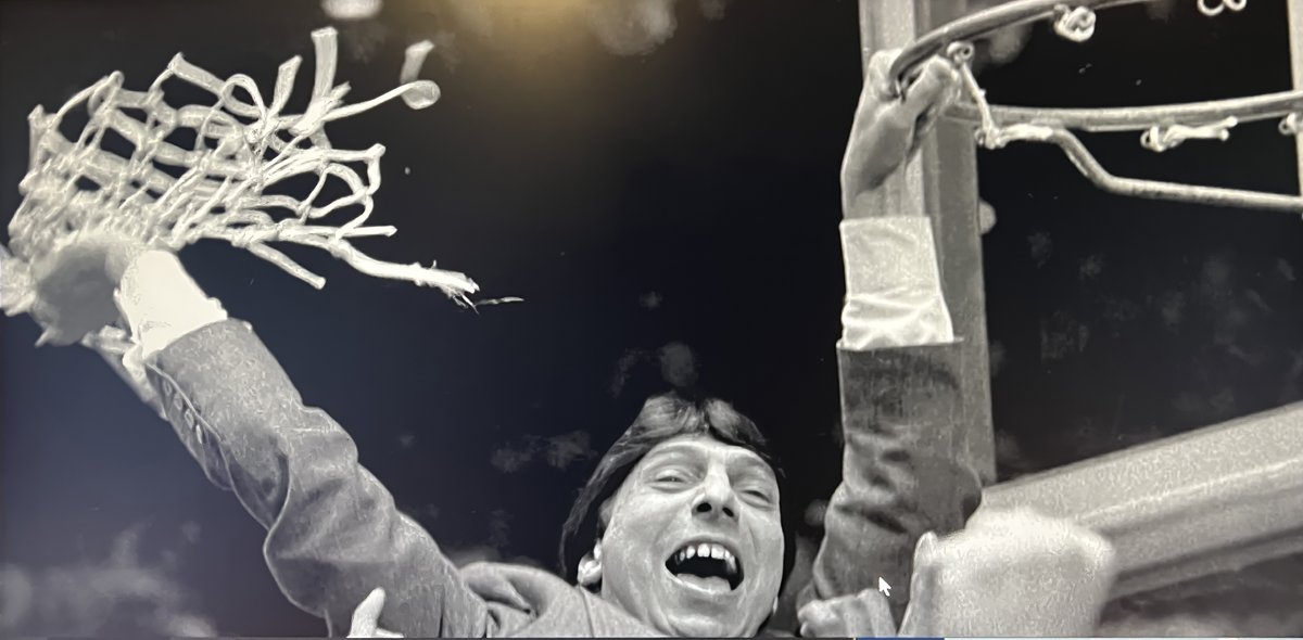 BrickEngraver's tweet photo. @PackPride Forty years ago was the game that reinvented college basketball.  My friend Pat Jones got the nets to frame for his office and I had to grab a few pics with them draped over him. He is now 44 and works for NCSU. https://t.co/Zj7P6R3Vsr